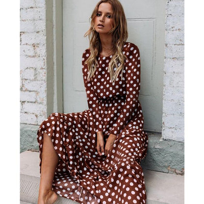 Oufisun 2019 Summer Sleeveless Polka Dot Dress Bohemia Off Shoulder Women's Dresses Fashion Elegant Brown New Long Dress Vestido