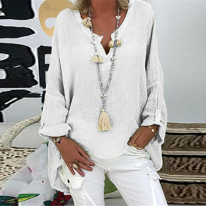 Oversized Slub Cotton Pullover Female Solid V Neck Casual Tees Women Long Sleeve Blouse Lady Knitwear Autumn Plus Size Long Top