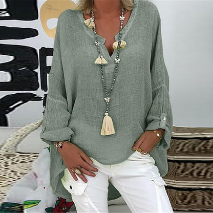 Oversized Slub Cotton Pullover Female Solid V Neck Casual Tees Women Long Sleeve Blouse Lady Knitwear Autumn Plus Size Long Top