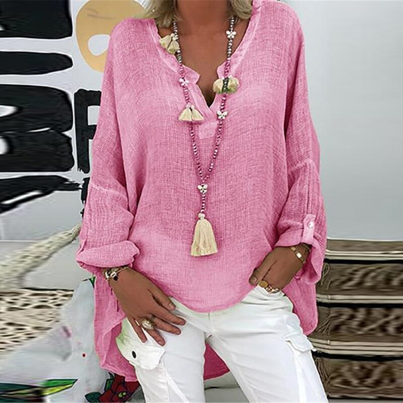 Oversized Slub Cotton Pullover Female Solid V Neck Casual Tees Women Long Sleeve Blouse Lady Knitwear Autumn Plus Size Long Top