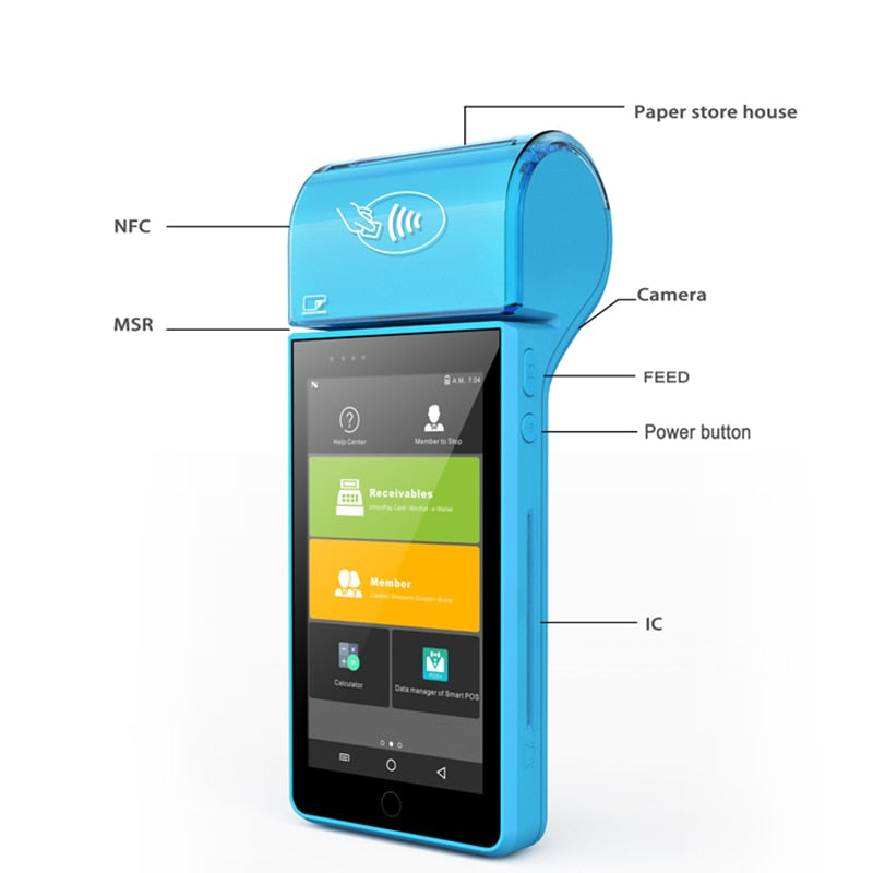 PDA POS Terminal Handheld 58mm Thermal Receipt Printer With MSR / IC / NFC Reader Restaurant Barcode Scanner with Pos Stand