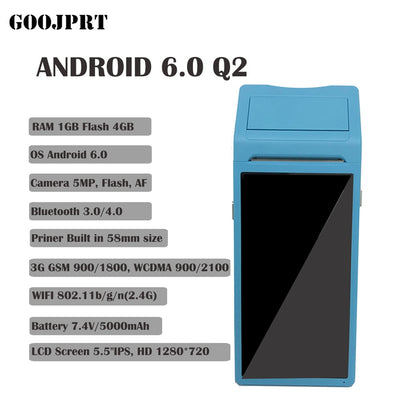 POS Android 6.0 PDA Mini Receipt Printer 58mm GPS Handheld POS Terminal NFC Bluetooth WIFI 4G GPS Camera PDA Support OTG