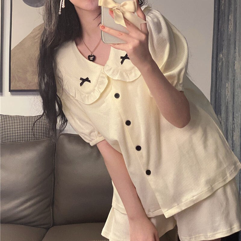 Pajama Sets Women Bow Fashion Harajuku Casual Summer Popular Nightwear Turn Down Collar Simple Preppy Style Female Lovely Girls