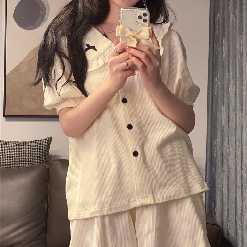 Pajama Sets Women Bow Fashion Harajuku Casual Summer Popular Nightwear Turn Down Collar Simple Preppy Style Female Lovely Girls