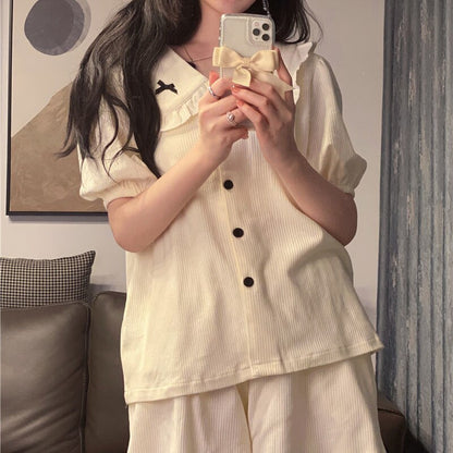 Pajama Sets Women Bow Fashion Harajuku Casual Summer Popular Nightwear Turn Down Collar Simple Preppy Style Female Lovely Girls