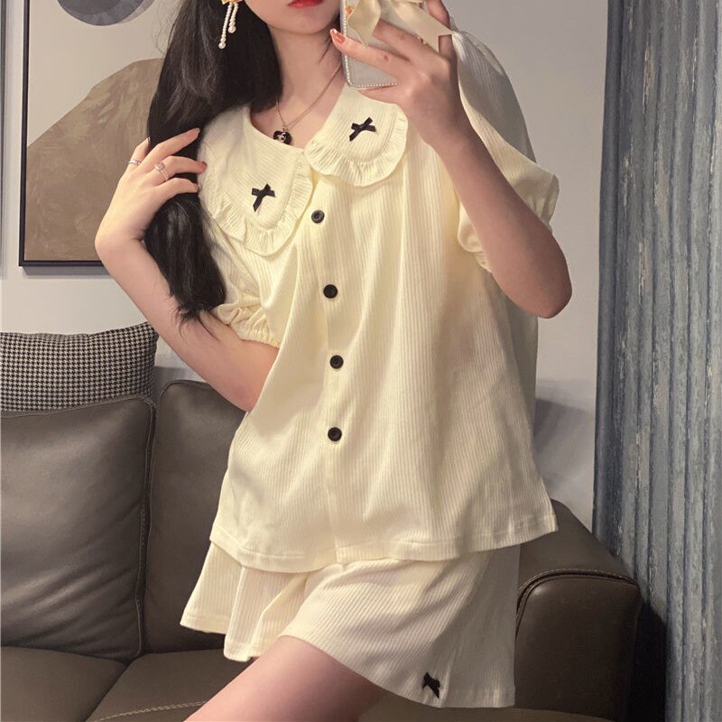 Pajama Sets Women Bow Fashion Harajuku Casual Summer Popular Nightwear Turn Down Collar Simple Preppy Style Female Lovely Girls