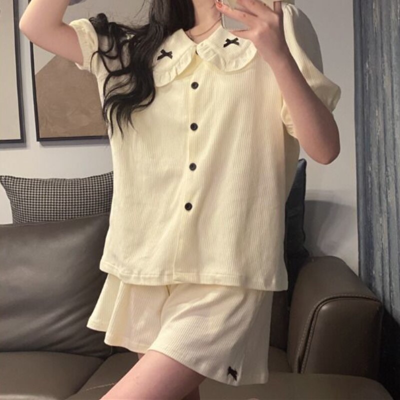 Pajama Sets Women Bow Fashion Harajuku Casual Summer Popular Nightwear Turn Down Collar Simple Preppy Style Female Lovely Girls