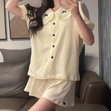 将图片加载到图库查看器，Pajama Sets Women Bow Fashion Harajuku Casual Summer Popular Nightwear Turn Down Collar Simple Preppy Style Female Lovely Girls
