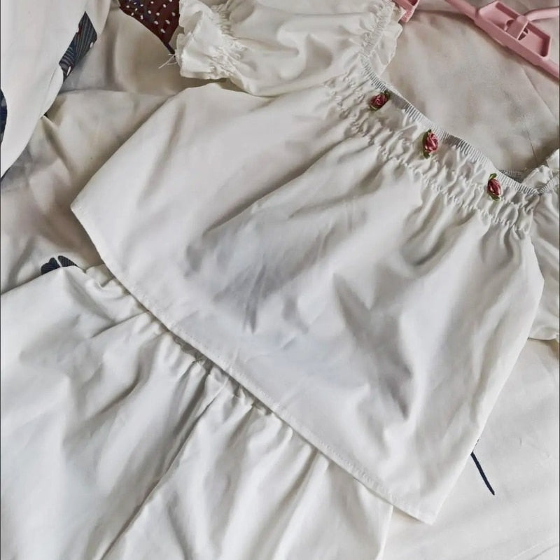 Pajama Sets Women College Flower Square Collar Loose Cozy Summer Sleepwear Cropped Comfortable Female Homewear Korean Style New