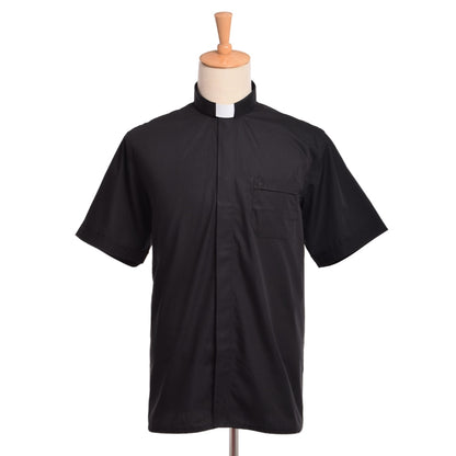 Pastor Clergy Shirts Priest Tab Collar Black Minister Preacher Short Sleeve Tops Black White Blue