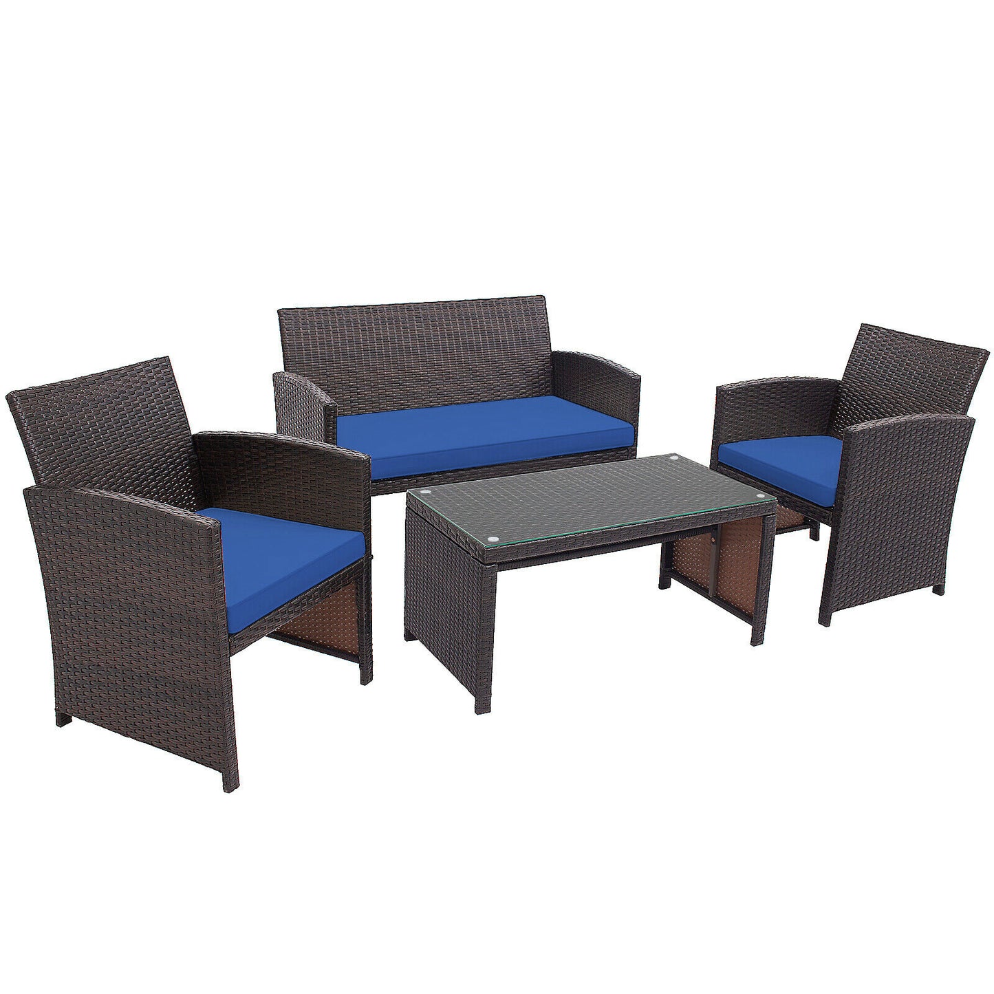 Patiojoy 4PCS Patio Rattan Furniture Set Cushioned Chair Sofa Table HW67934