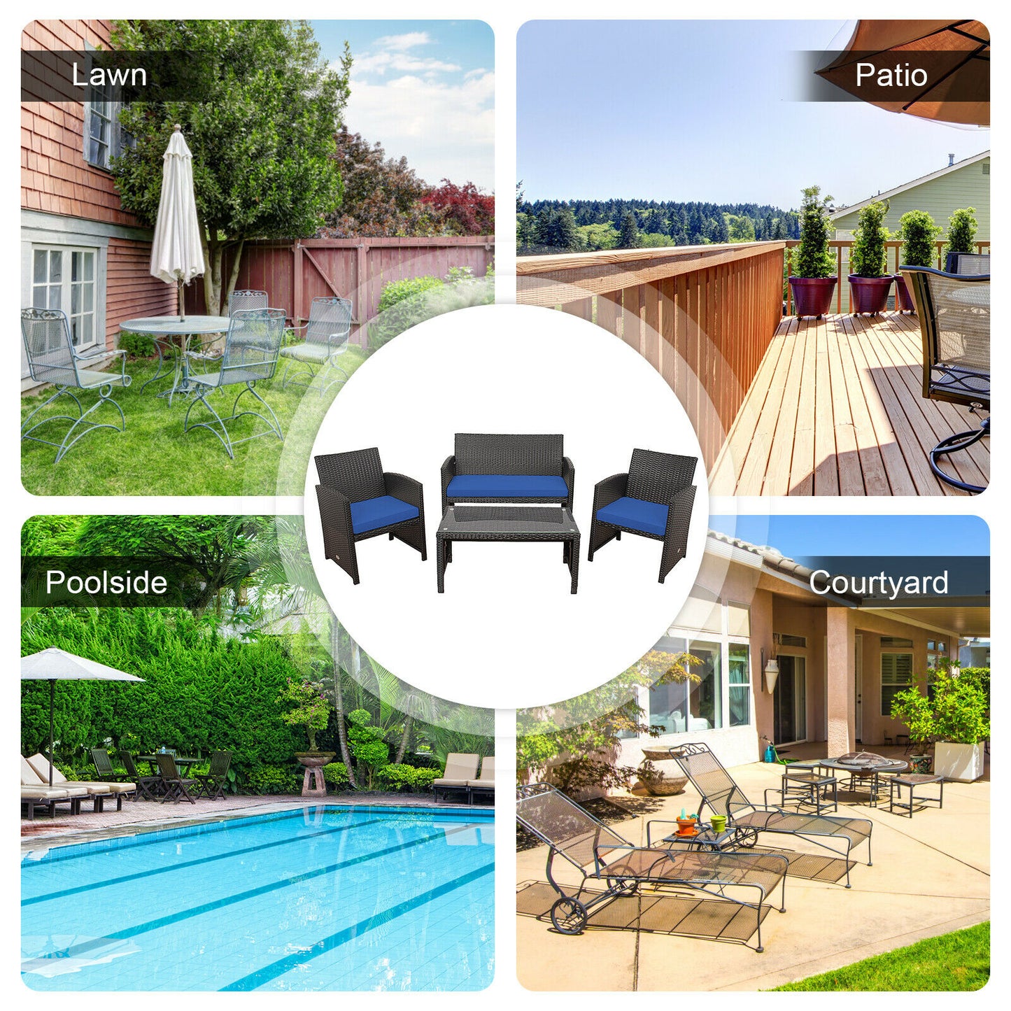 Patiojoy 4PCS Patio Rattan Furniture Set Cushioned Chair Sofa Table HW67934
