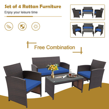 Patiojoy 4PCS Patio Rattan Furniture Set Cushioned Chair Sofa Table HW67934