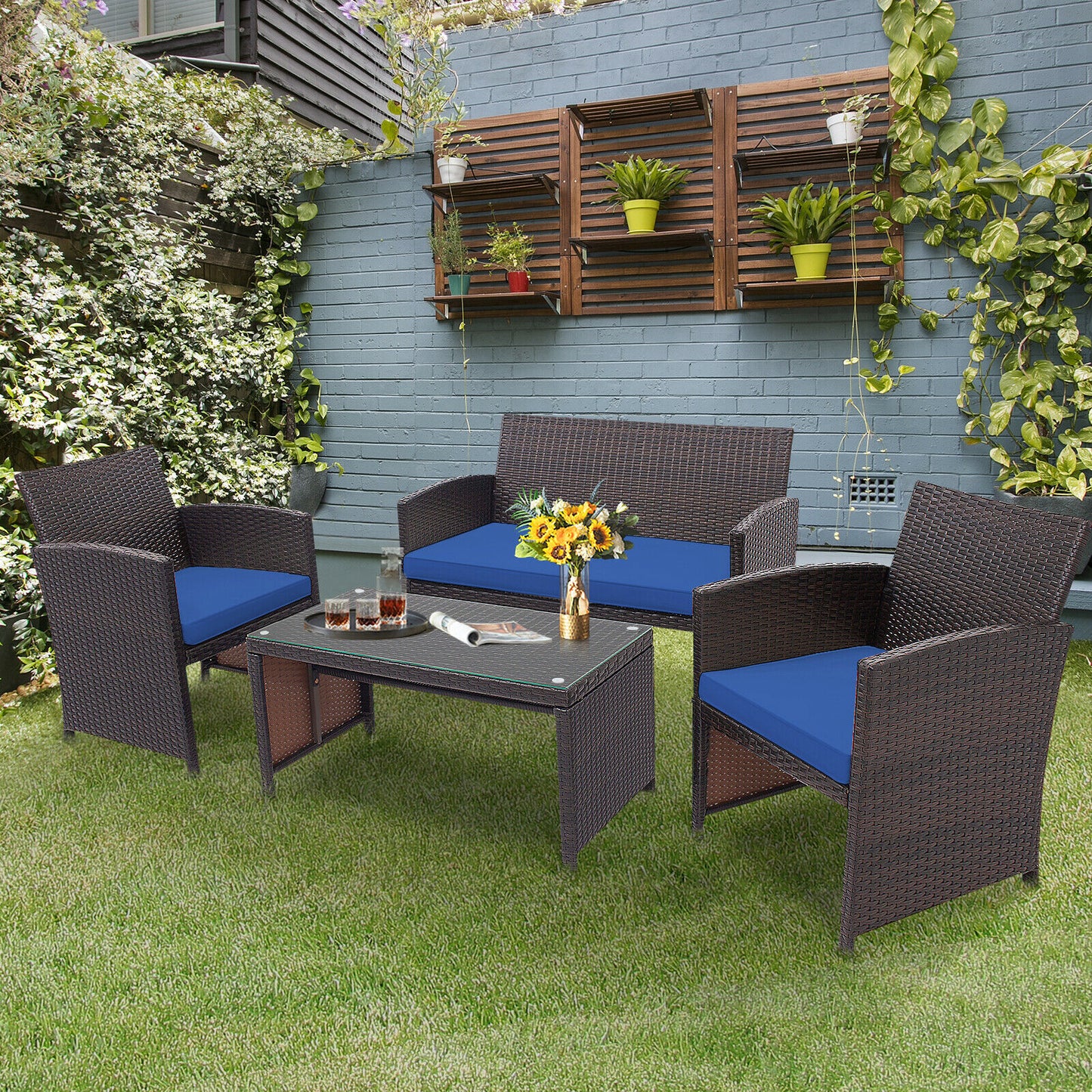Patiojoy 4PCS Patio Rattan Furniture Set Cushioned Chair Sofa Table HW67934
