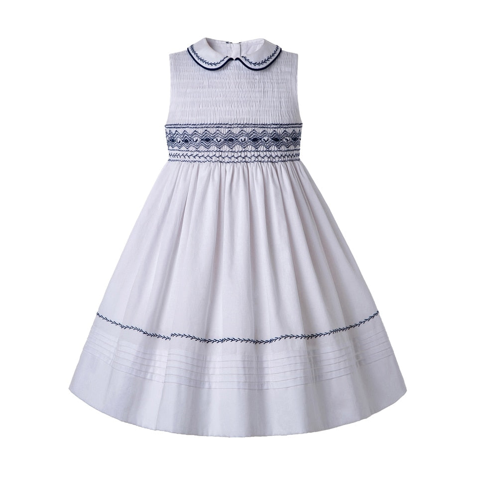 Pettigirl Summer Smocked Sleeveless White Dress Doll Collar Rich Waist Line Bubble Smock Party Girls Clothing