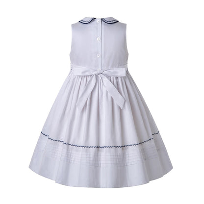 Pettigirl Summer Smocked Sleeveless White Dress Doll Collar Rich Waist Line Bubble Smock Party Girls Clothing