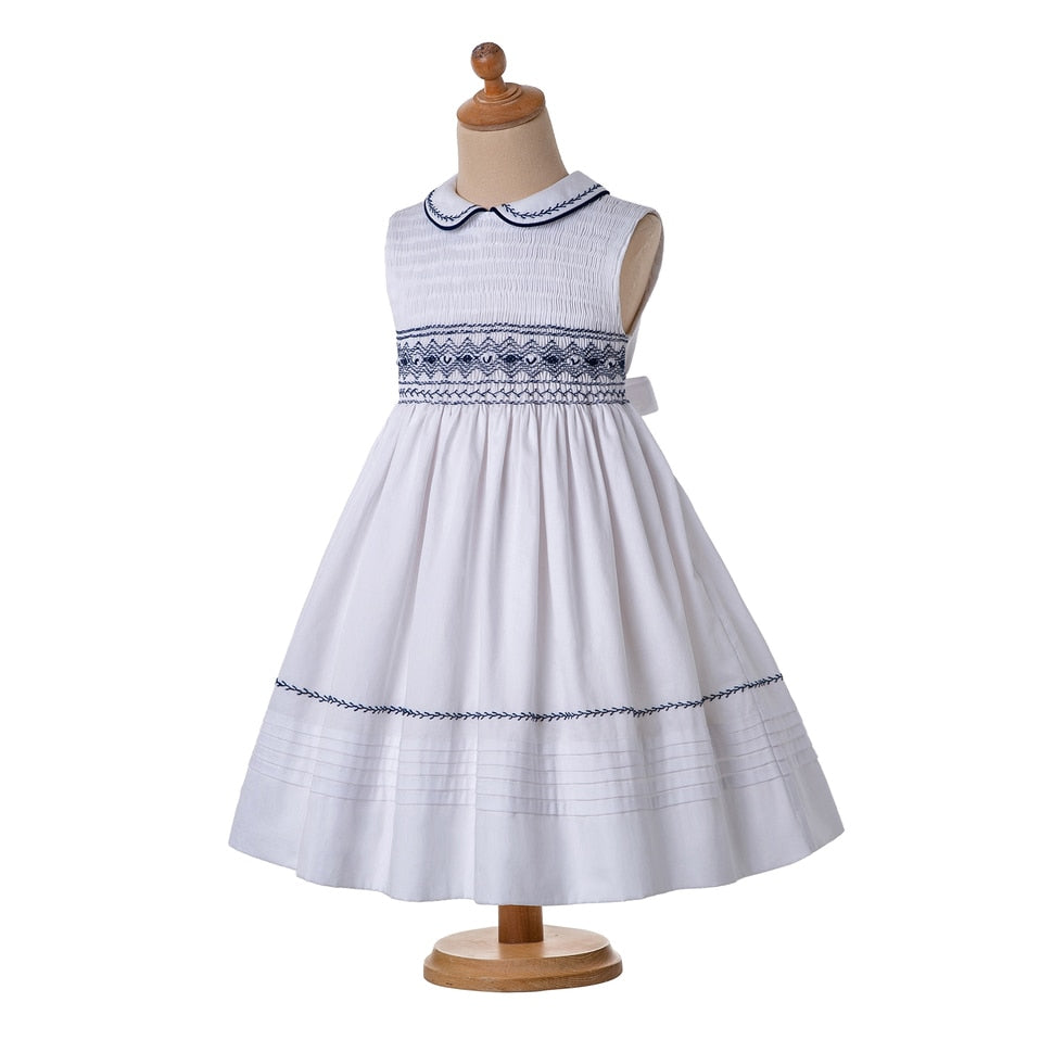 Pettigirl Summer Smocked Sleeveless White Dress Doll Collar Rich Waist Line Bubble Smock Party Girls Clothing