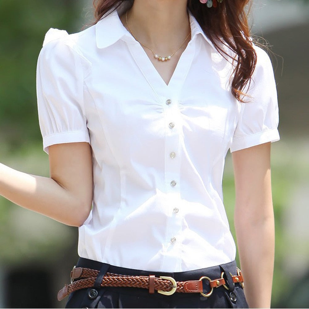 Women's Short Sleeve Cotton Blouses Shirts Ladies Office Wear Elegant Blouse Feminina White Formal Plus Size 5XL Summer Blouse