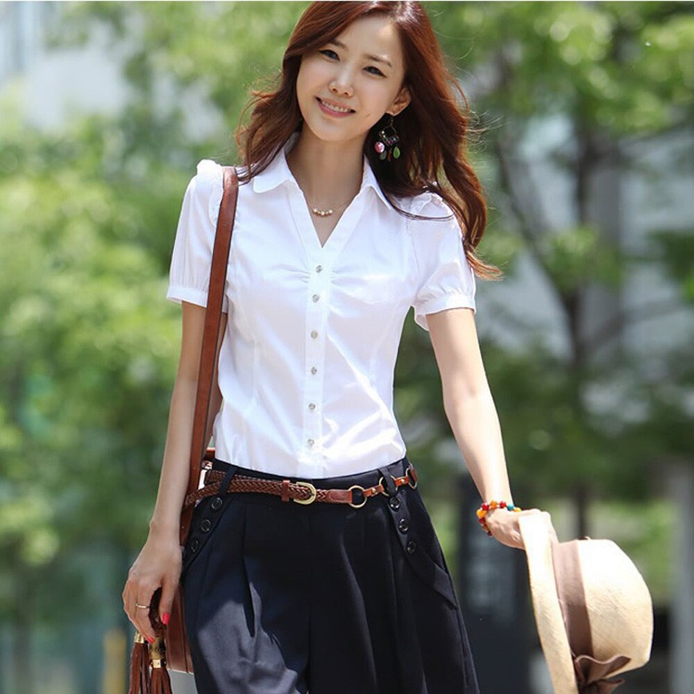 Women's Short Sleeve Cotton Blouses Shirts Ladies Office Wear Elegant Blouse Feminina White Formal Plus Size 5XL Summer Blouse