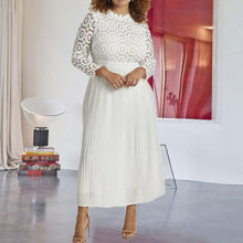 将图片加载到图库查看器，Plus Size 5xl Lace Long Pleated Dress White Elegant Women High Waist Party Maxi Dresses Autumn Fall Ladies Work Wear Big Sizes
