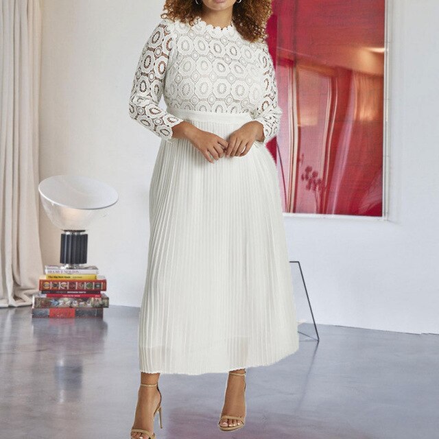 Plus Size 5xl Lace Long Pleated Dress White Elegant Women High Waist Party Maxi Dresses Autumn Fall Ladies Work Wear Big Sizes