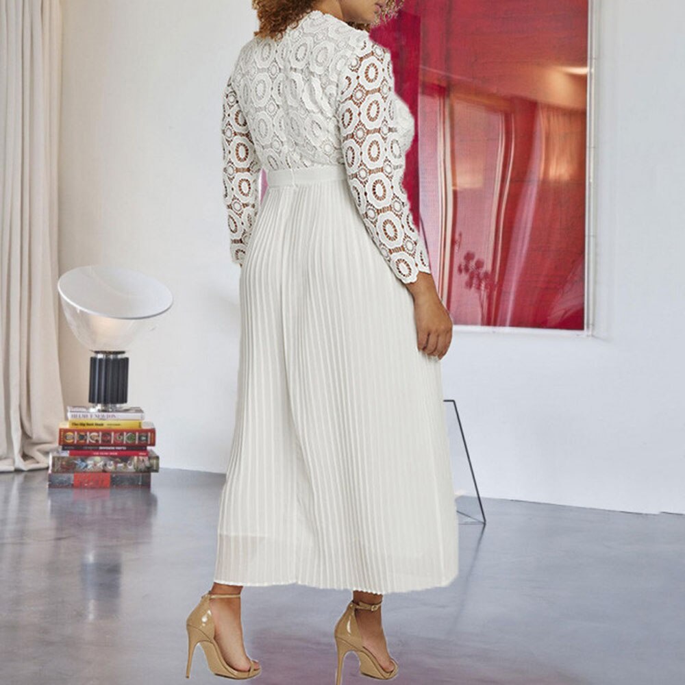 Plus Size 5xl Lace Long Pleated Dress White Elegant Women High Waist Party Maxi Dresses Autumn Fall Ladies Work Wear Big Sizes