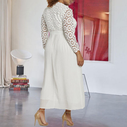 Plus Size 5xl Lace Long Pleated Dress White Elegant Women High Waist Party Maxi Dresses Autumn Fall Ladies Work Wear Big Sizes
