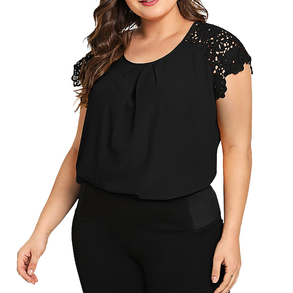 Plus Size Blouse Fashion Women Solid O-Neck Floral Shirt Women Lace Shoulder Shirt Tops Blouse Large Size Loose Tops