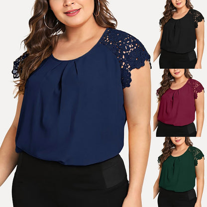 Plus Size Blouse Fashion Women Solid O-Neck Floral Shirt Women Lace Shoulder Shirt Tops Blouse Large Size Loose Tops