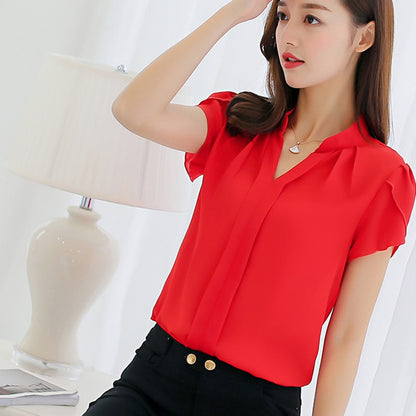 Plus Size Blouse Women 2019 Summer Short Sleeve Red Office Ladies Chiffon Shirt elegant Work Top Casual Female Clothing
