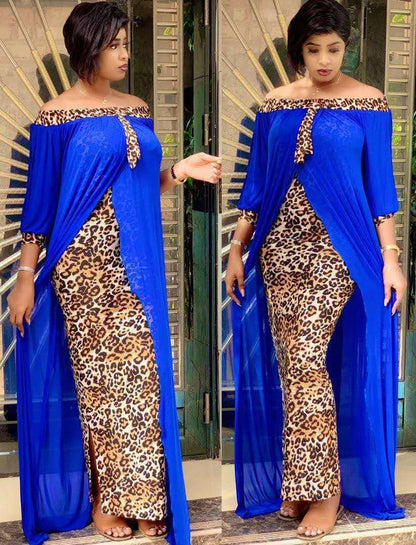 Plus Size Clothing Autumn Sexy Leopard Printed Dashiki African Dresses for Women Party Half Sleeve Slash Neck Femme Robe