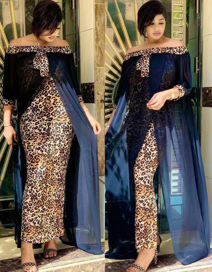 Plus Size Clothing Autumn Sexy Leopard Printed Dashiki African Dresses for Women Party Half Sleeve Slash Neck Femme Robe