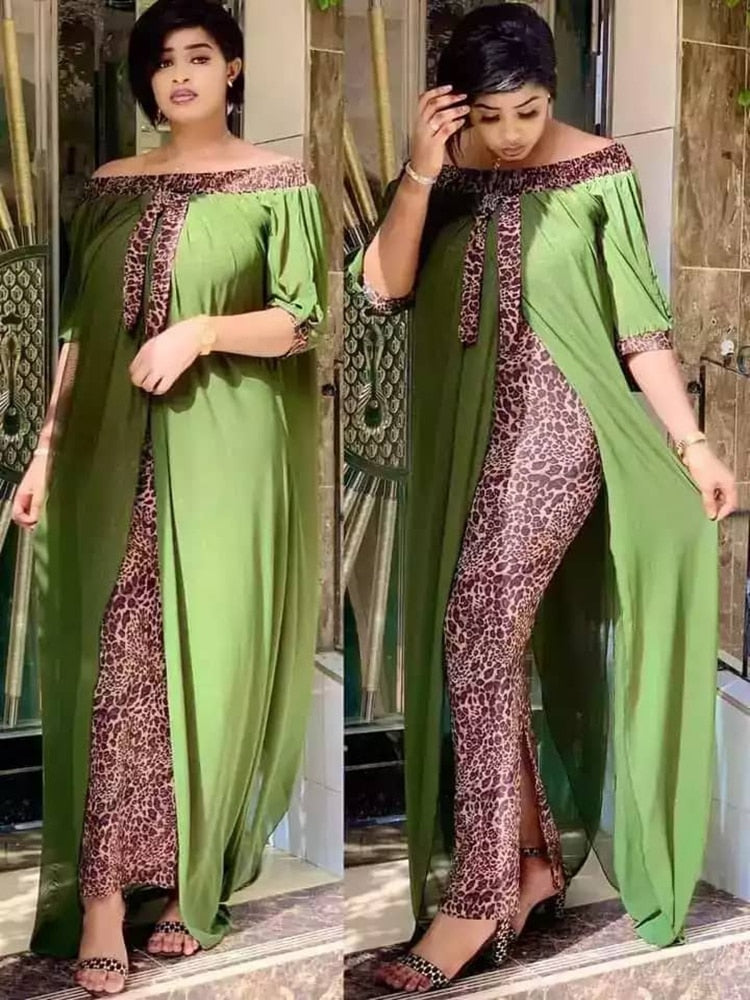 Plus Size Clothing Autumn Sexy Leopard Printed Dashiki African Dresses for Women Party Half Sleeve Slash Neck Femme Robe