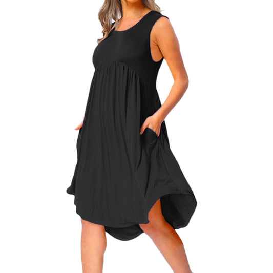 Plus Size Women's Dress 2019 Summer Casual O Neck Draped Sleeveless Solid Black White Midi Dresses Pockets Beach