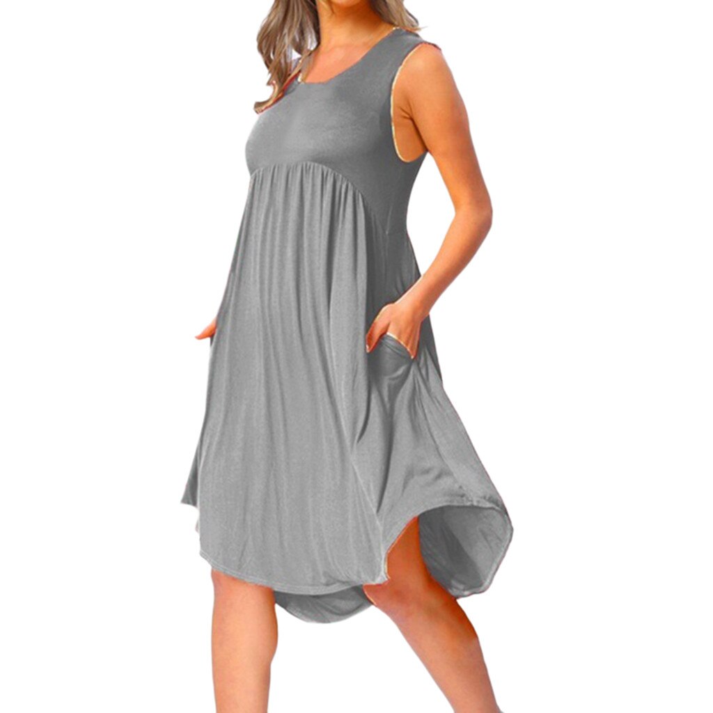 Plus Size Women's Dress 2019 Summer Casual O Neck Draped Sleeveless Solid Black White Midi Dresses Pockets Beach