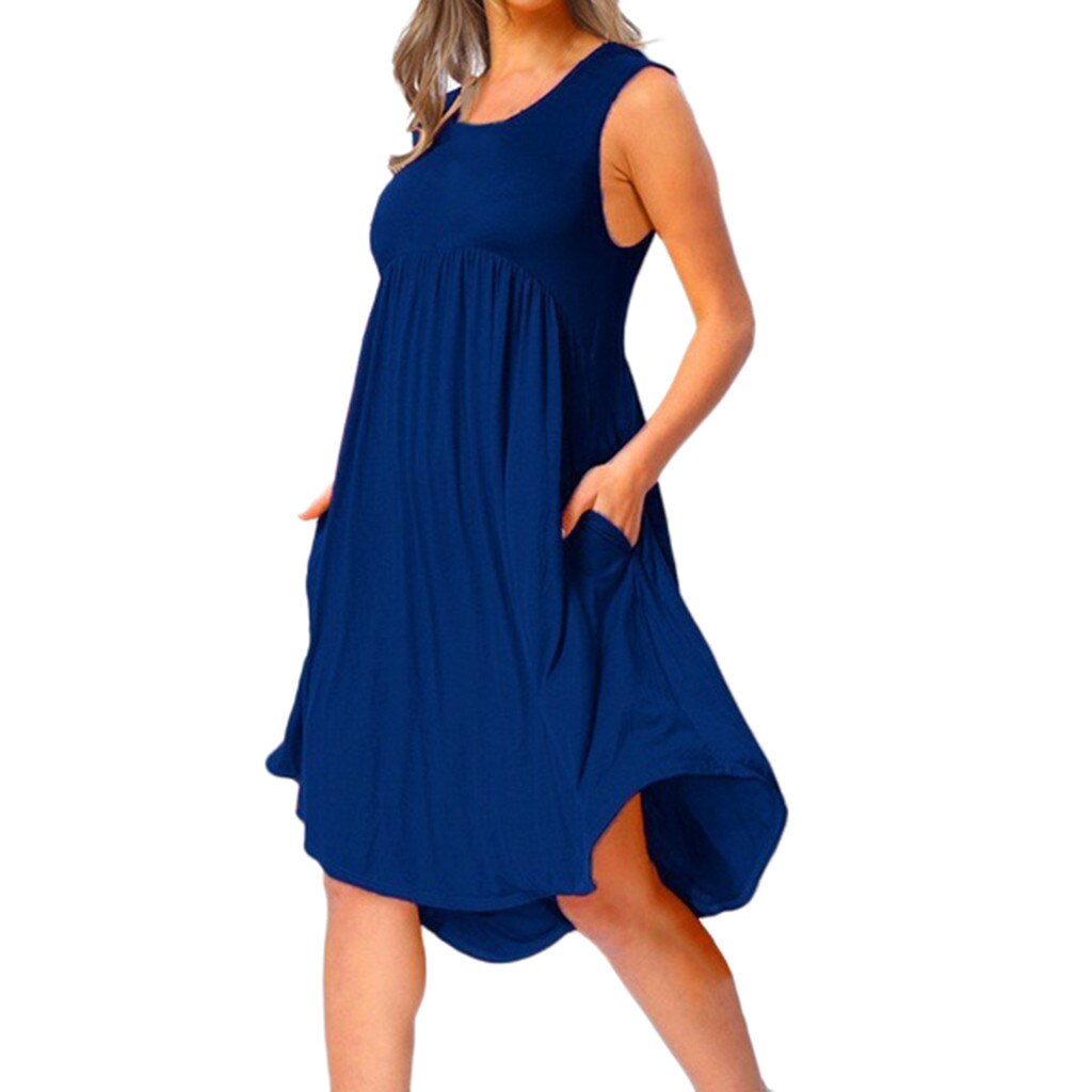 Plus Size Women's Dress 2019 Summer Casual O Neck Draped Sleeveless Solid Black White Midi Dresses Pockets Beach