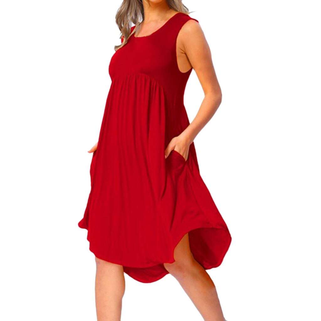 Plus Size Women's Dress 2019 Summer Casual O Neck Draped Sleeveless Solid Black White Midi Dresses Pockets Beach
