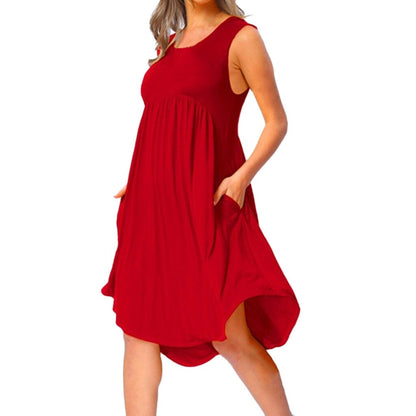 Plus Size Women's Dress 2019 Summer Casual O Neck Draped Sleeveless Solid Black White Midi Dresses Pockets Beach
