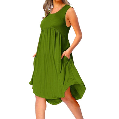 Plus Size Women's Dress 2019 Summer Casual O Neck Draped Sleeveless Solid Black White Midi Dresses Pockets Beach