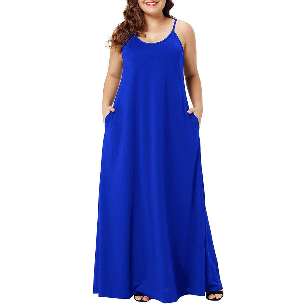 Plus Size Dress Women Summer Solid Maxi Dresses Sexy Spaghetti Straps Sleeveless Loose Long Dress With Pockets Casual Vestidos