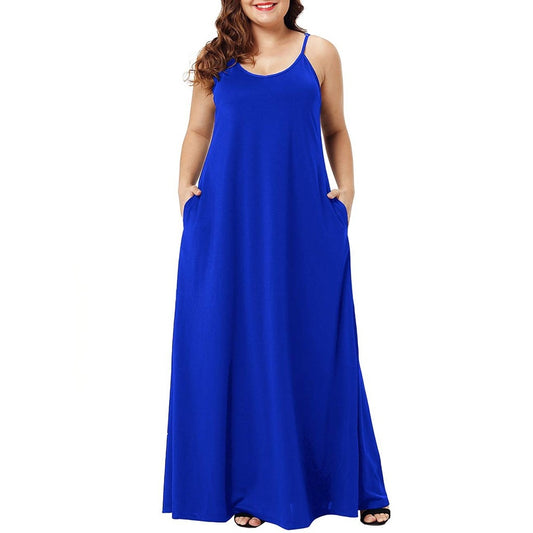 Plus Size Dress Women Summer Solid Maxi Dresses Sexy Spaghetti Straps Sleeveless Loose Long Dress With Pockets Casual Vestidos
