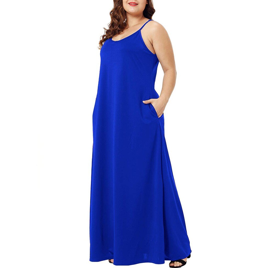 Plus Size Dress Women Summer Solid Maxi Dresses Sexy Spaghetti Straps Sleeveless Loose Long Dress With Pockets Casual Vestidos