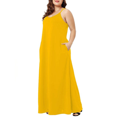 Plus Size Dress Women Summer Solid Maxi Dresses Sexy Spaghetti Straps Sleeveless Loose Long Dress With Pockets Casual Vestidos