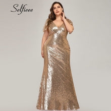 将图片加载到图库查看器，Plus Size Rose Gold Mermaid Women Dresses Short Sleeve Sequined V Neck Bodycon Elegant Maxi Dresses For Party Robe Femme 2020
