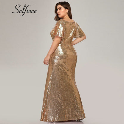 Plus Size Rose Gold Mermaid Women Dresses Short Sleeve Sequined V Neck Bodycon Elegant Maxi Dresses For Party Robe Femme 2020