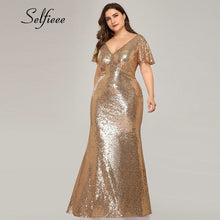 Load image into Gallery viewer, Plus Size Rose Gold Mermaid Women Dresses Short Sleeve Sequined V Neck Bodycon Elegant Maxi Dresses For Party Robe Femme 2020
