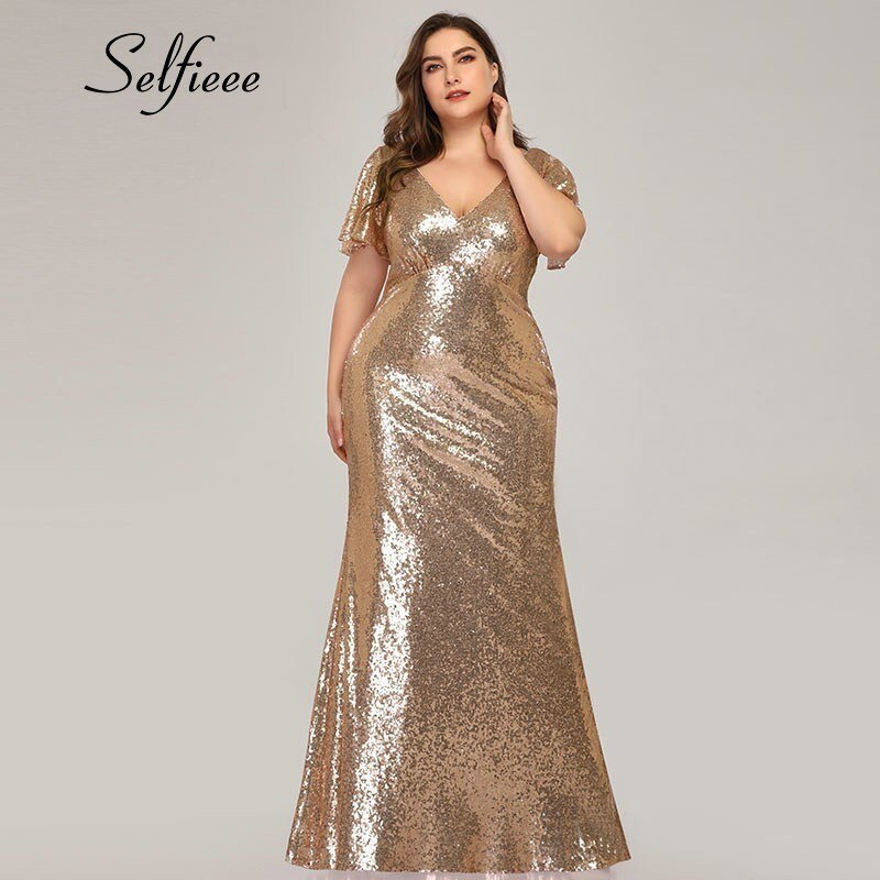 Plus Size Rose Gold Mermaid Women Dresses Short Sleeve Sequined V Neck Bodycon Elegant Maxi Dresses For Party Robe Femme 2020