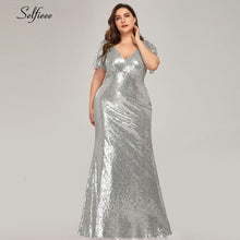 Load image into Gallery viewer, Plus Size Rose Gold Mermaid Women Dresses Short Sleeve Sequined V Neck Bodycon Elegant Maxi Dresses For Party Robe Femme 2020
