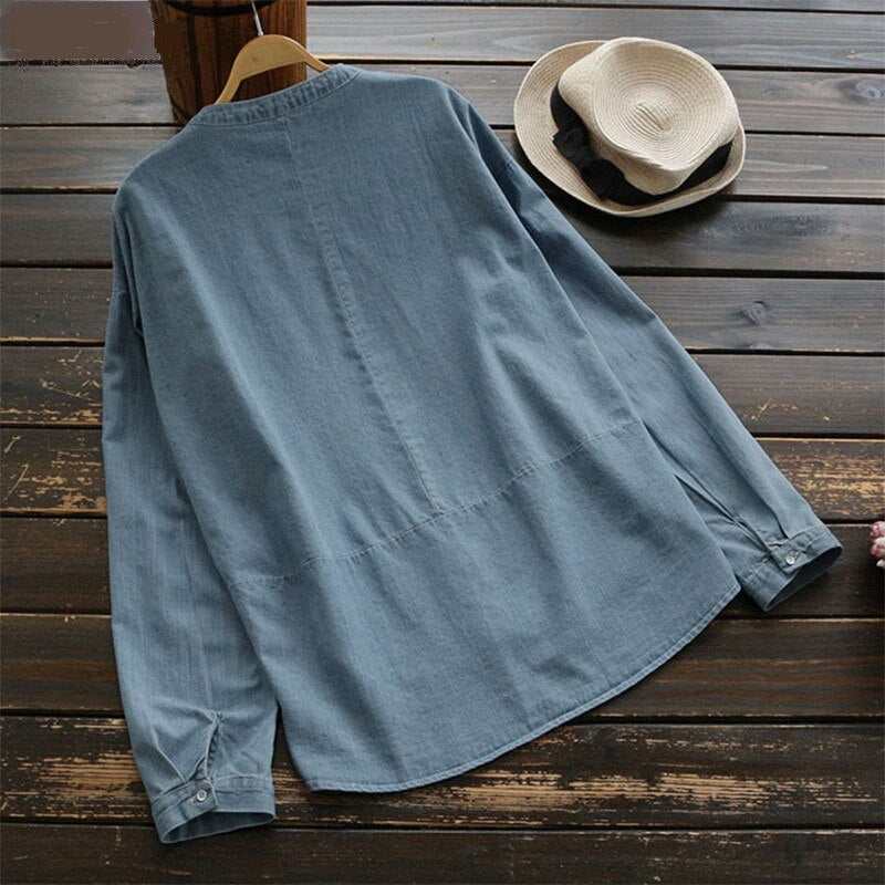 Plus Size S 5XL Jean Blouse Autumn Stand Collar Long Sleeve Women Blouse Solid Office Shirt Casual Tops Blusas Chemise Femme