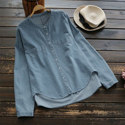 Plus Size S 5XL Jean Blouse Autumn Stand Collar Long Sleeve Women Blouse Solid Office Shirt Casual Tops Blusas Chemise Femme